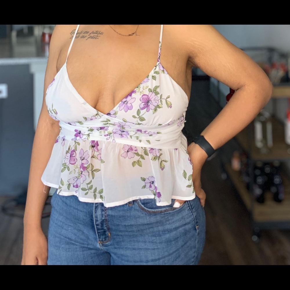 White top w/ purple flowers